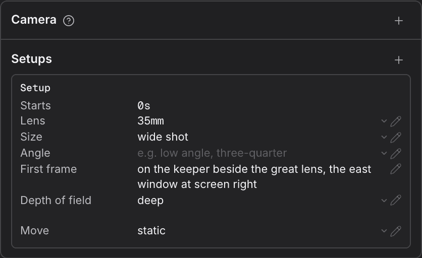 The Camera card with one camera setup and its lens, size and move rows