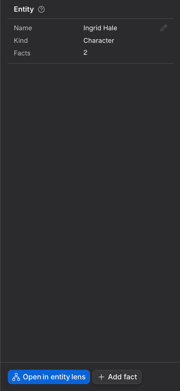 The Entity card in the Graph lens's details panel, with an editable name above the kind and a fact count