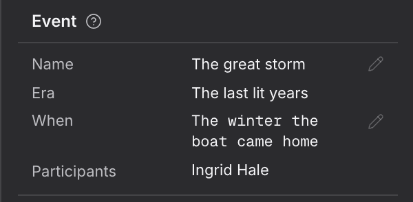 The Event card in the Timeline lens's details panel, with editable name and time rows