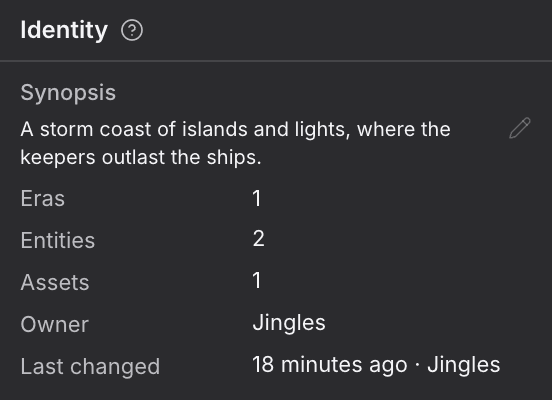 The Identity card in a World overview's details panel, with an editable synopsis above a column of counts