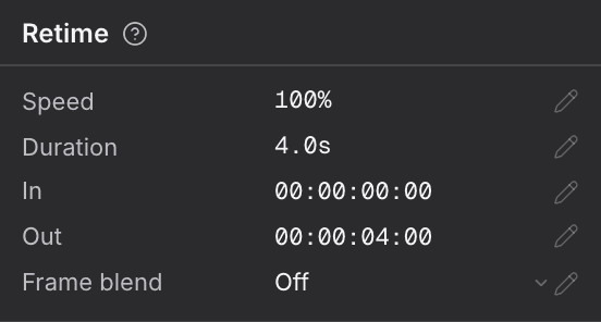 The Retime group of the inspector's Video tab, with speed, duration, in, out and frame blend.