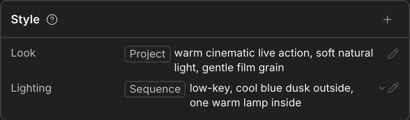 The Style card with look and lighting rows, one tagged from the project