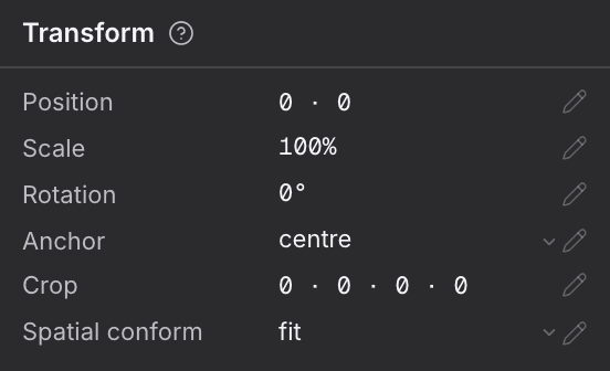 The Transform group of the inspector's Video tab, with position, scale, rotation, anchor, crop and spatial conform.