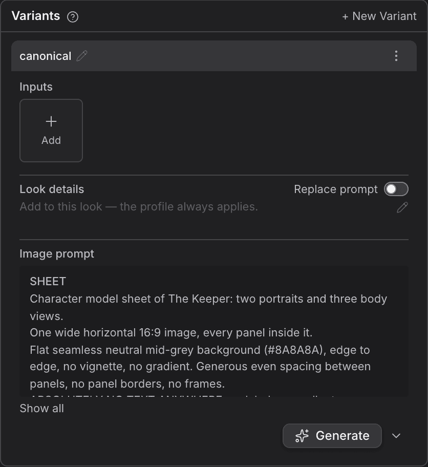 The Variants card on an asset page with one look, its inputs, its words and its images