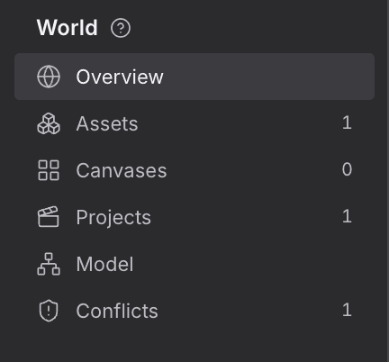 The left panel of a World listing each of its parts with the current one highlighted